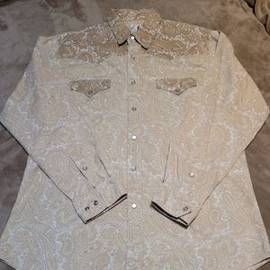 Express Riders Vintage Western Cowboy Shirt Pearl Snap Buttons Beige Brown L